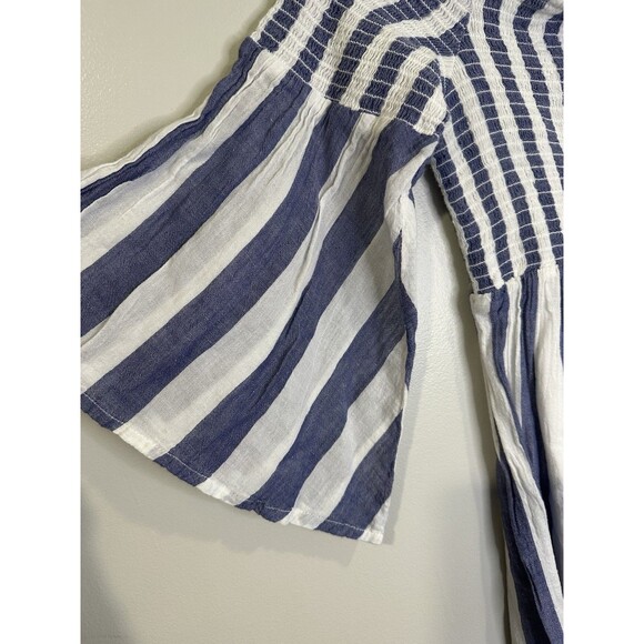 Lucky Brand Top Shirt Womens‎ Medium White Blue Striped Smocking Tunic Bell - Picture 6 of 7